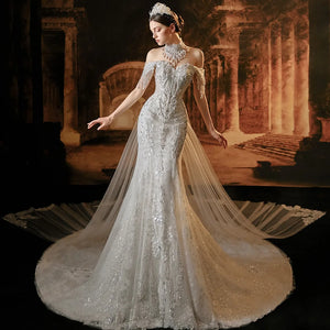 Stylish Mermaid Wedding Dress Cap Sleeve Tassel Beading Lace-Up