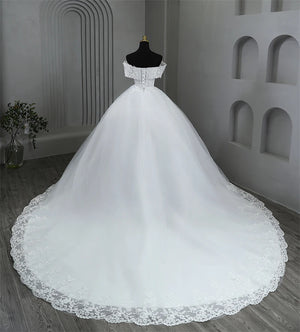 Elegant Plus Size Off-Shoulder Wedding Dress with Appliques and Pearls