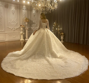 Customized Square Neck Long Sleeve Fluffy Ball Gown Wedding Dress