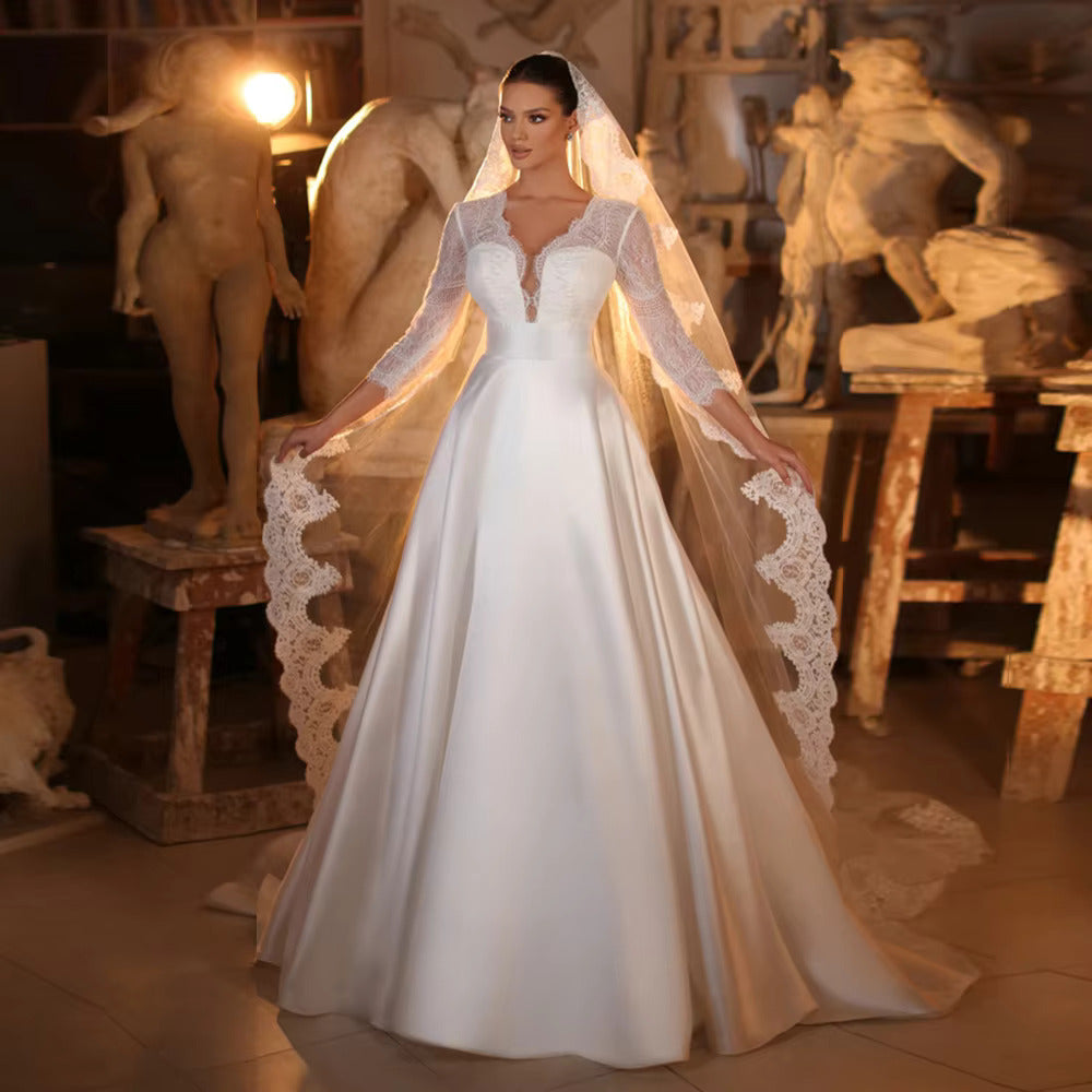 Three Quarter Sleeve Satin Wedding Dress with Illusion Back and Side Pockets for Brides