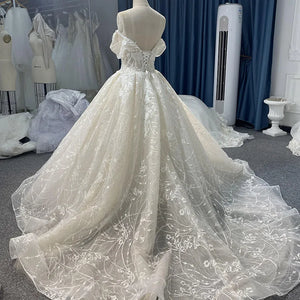 White Off-Shoulder Ball Gown Lace-Up Back Floor-Length Wedding Dress