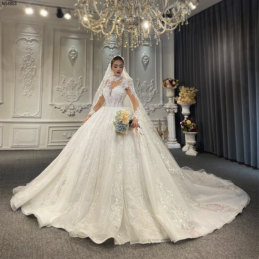 Customized High Neckline Lace Wedding Dress with Elegant Ball Gown Silhouette