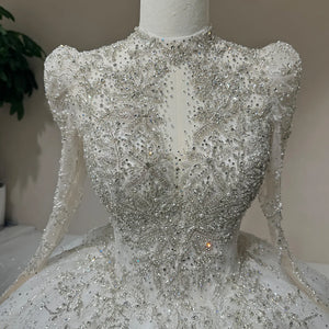 Luxury Lace Organza Ball Gown Beaded Backless Wedding Dress Long Sleeve