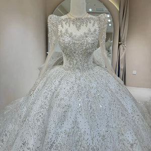 Exquisite Customized Sequined Bride Dress O-Neck Long Sleeves Chapel Train Gown