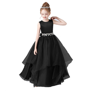 Burgundy Bow Girls' Formal Party Dress with Organza Ruffles and Princess Style