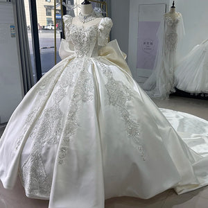 Satin Square Collar Short Sleeve Wedding Dress with Embroidery Beading and Bow