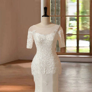 Customized Mermaid Wedding Dressand Hand Beading Short Sleeves Bridal Gown