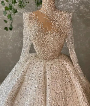 Luxurious High Neck Sequined Wedding Dress with Illusion Sleeves and Custom Bridal Gown