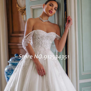 Vestidos De Noiva Off the Shoulder Tulle A-Line Wedding Dresses Beading Appliques Luxury Robe Mariage Backless Bridal Gowns