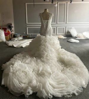 Customized Off-Shoulder Lace Crystal 2-in-1 Wedding Dress with Removable Ruffle Skirt