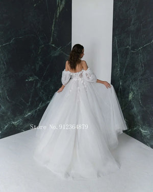 3D Flower Wedding Dress with Detachable Sleeves Sweetheart Bridal Dress Open Back Appliqued