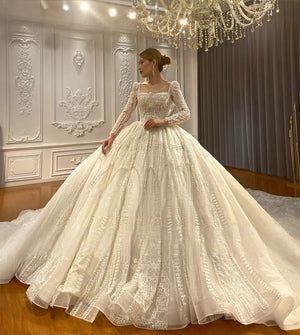 Customized Fantasy Square Collar Long Train Ball Gown Wedding Dress