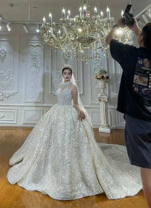 Customized Sparkling Luxury Princess Ball Gown Wedding Dress with Elegant Detailing