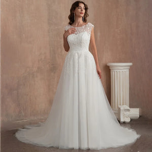 Customized A-Line Wedding Dress with Sheer Lace Appliqué Tulle Bridal Gowna