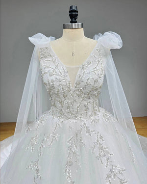 Princess Sequined Beading Ball Gown Wedding Dress with Chapel Train and Lace Up Back