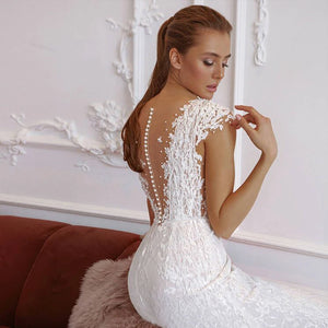 Cap Sleeve Beaded Lace Mermaid Wedding Dress with Detachable Train