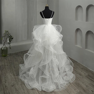 New Short Front Long Back Gothic White Wedding Dress Spaghetti Straps V Neck High-low Bridal Gown