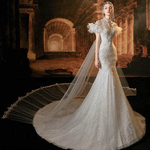 Exquisite Luxury Mermaid Wedding Dress High Neck Short Sleeves Watteau Train