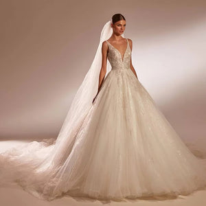 Off the Shoulder Aline Tulle Beaded Wedding Dress with V Neck Luxury Bridal Gown