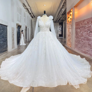 Princess Sequined Beading Ball Gown Wedding Dress with Chapel Train and Lace Up Back