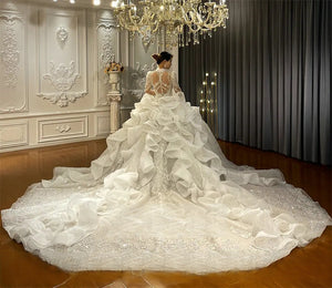 Customized  Lace Applique Crystal Beading Royal Train Luxury Wedding Dress