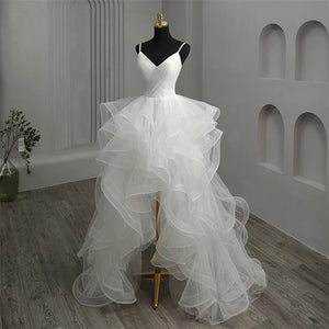 New Short Front Long Back Gothic White Wedding Dress Spaghetti Straps V Neck High-low Bridal Gown