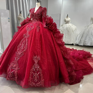 Red Crystal V-neck Ruffles Beaded Long Sleeve Backless Wedding Dress