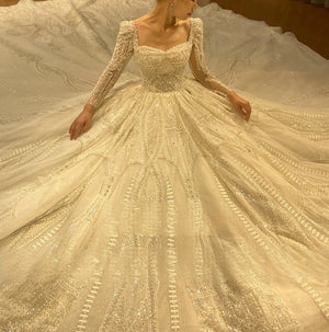 Customized Fantasy Square Collar Long Train Ball Gown Wedding Dress