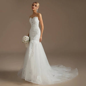 Elegant Mermaid Lace Wedding Dress with Train for Women Bridal Gown