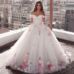 3D Flower Ball Gown Princess Wedding Dress Sweetheart Off Shoulder Sweep Train Bridal Gown