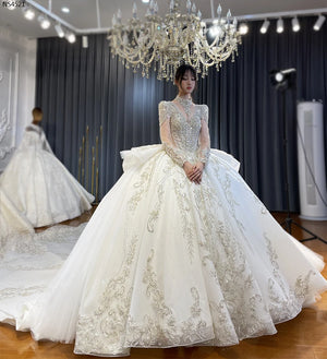 Elegant V-Neck Long Sleeve Ball Gown Wedding Dress with Ruffles