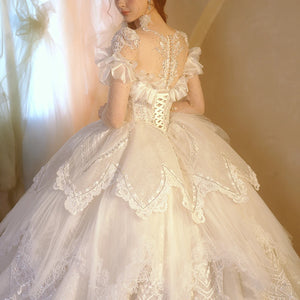 Romantic Organza O-Neck Full Sleeve Wedding Dress with Button Illusion Ruffles