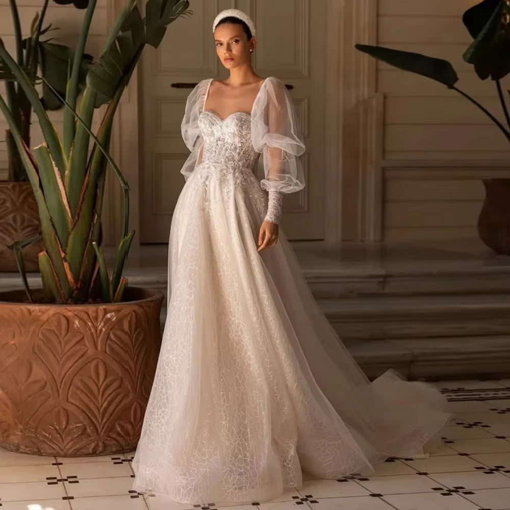 Detachable Long Sleeve Tulle Wedding Dress Sweetheart Neck Beaded Applique Gown