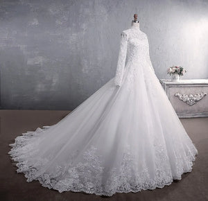 Luxury Long Sleeve High-Neck Ball Gown Wedding Dress Zipper Back Plus Size