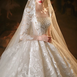 Princess Square Collar Full Sleeve Ball Gown 2024 Lace-Up Wedding Dress