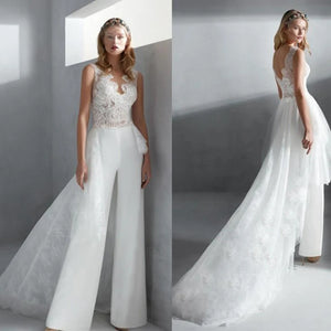 Elegant Overskirt Boho Wedding Jumpsuit with Sheer Jewel Neck Lace and Beach Bridal Pants