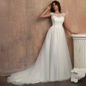 Customized A-Line Wedding Dress with Sheer Lace Appliqué Tulle Bridal Gowna