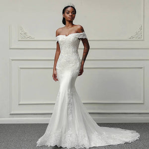 New Boat Neck Mermaid Wedding Dress Appliqué Hand Beaded Bridal Gown In Stock