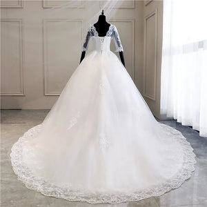 V Neck Full Sleeve Plus Size Vestido De Noiva Wedding Dress Long Train