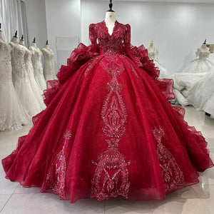 Red Crystal V-neck Ruffles Beaded Long Sleeve Backless Wedding Dress