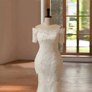 Customized Appliqué Hand Beading Mermaid Wedding Dress with Short Sleeves