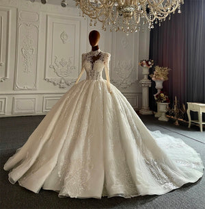 Customized High Neckline Lace Wedding Dress with Elegant Ball Gown Silhouette