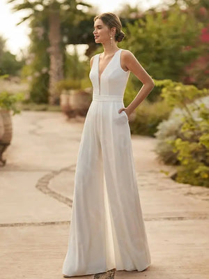 Customized White Two-Piece V Neck Wedding Dress with Half Sleeves 2024 Boho Jumpsuit