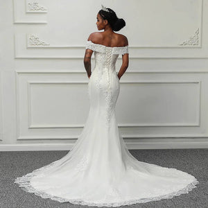 New Boat Neck Mermaid Wedding Dress Appliqué Hand Beaded Bridal Gown In Stock