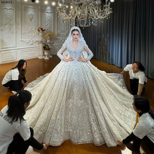 Customized Royal V-Neck Princess Luxury Wedding Gown Long Sleeve