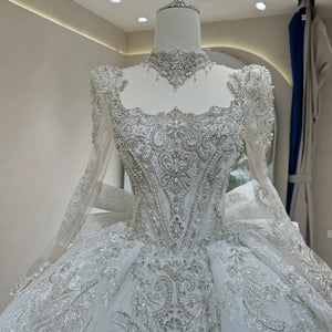 Customized Exquisite Ball Gown Wedding Dress Full Sleeves Lace-Up Embroidery