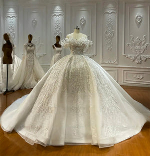 Customized Strapless Lace Appliqué Off-the-Shoulder Ball Gown Wedding Dress