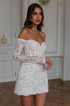 Off The Shoulder Lace Applique Mini Wedding Dress with Long Sleeves