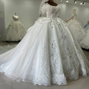 White Ball Gown Princess Wedding Dress Scoop Neck Short Sleeves Lace Sequined Luxury