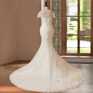 Customized Elegant Hand Beaded Mermaid Wedding Dress with Short Sleeves